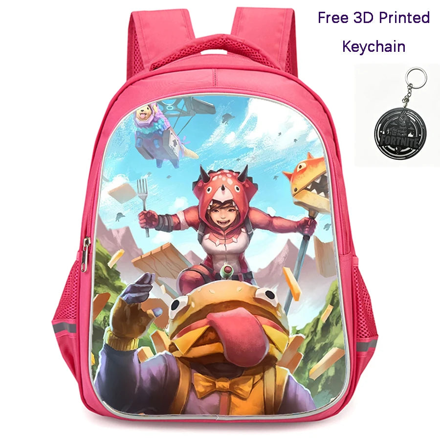 FORTNITE 16-inch Durable Lightweight Backpack, Dual Zipper Pockets, Cartoon Style for Boys & Girls Ages 6-10, Free 3D Printed Keychain
