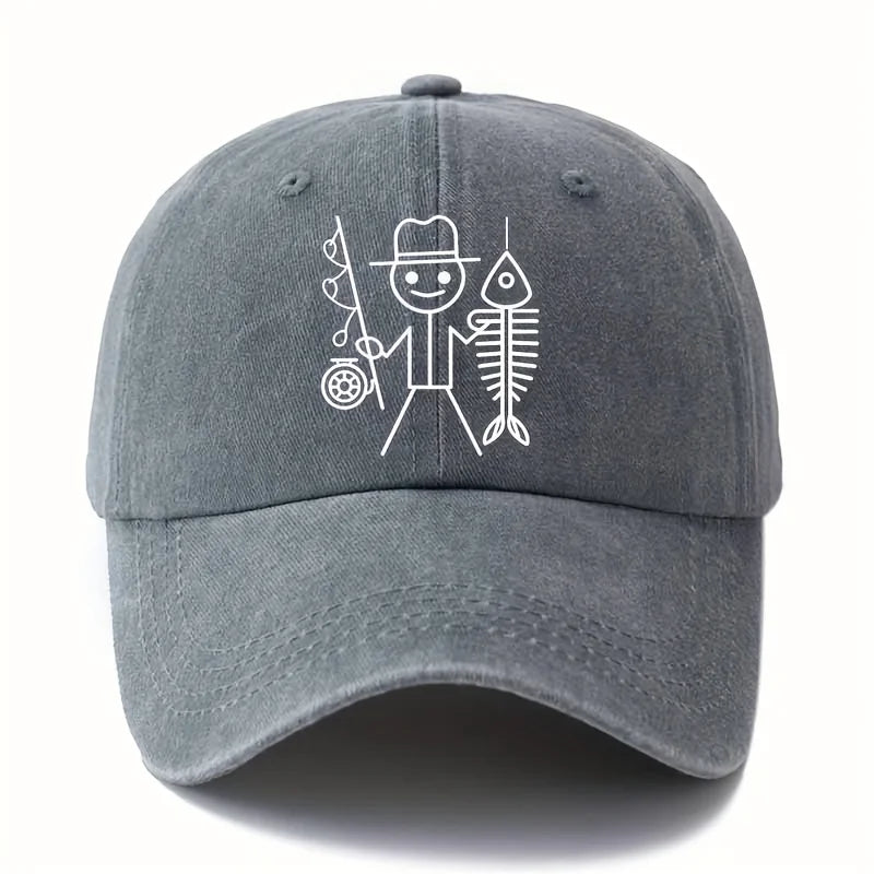 Printed cartoon man fishing baseball cap, outdoor curved brim cap, truck driver cap, vacation travel camping