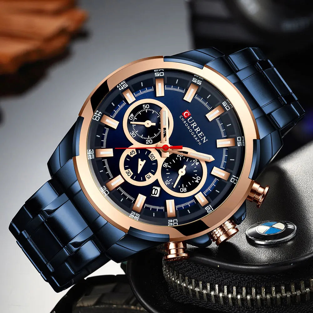 CURREN férfi kronográf óra, 48 mm-es nagy számlap, rozsdamentes acél karkötő, három kis számlap, kvarc sportkaróra, luxus stílus