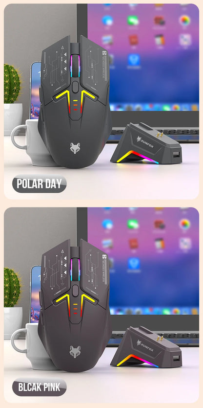 Rato XUNSVFOX H2 sem fios Bluetooth de modo duplo, iluminação RGB, para portátil, gaming e escritório, com carregamento magnético