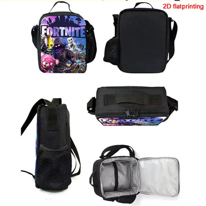 Zaino FORTNITE leggero 3 pezzi con tasca frontale, borsa pranzo, astuccio e portachiavi 3D stampato gratuito per bambini e bambine dai 5 ai 10 anni