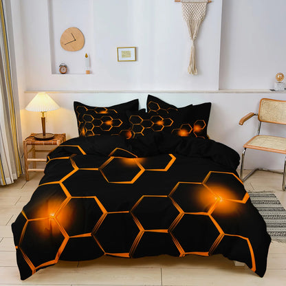 Conjunto de Capa de Edredão 3D Geométrica com Padrão Hexagonal em Favo de Mel, 3 Peças, Roupa de Cama em Poliéster Colorido com Impressão Digital e Fecho de Correr