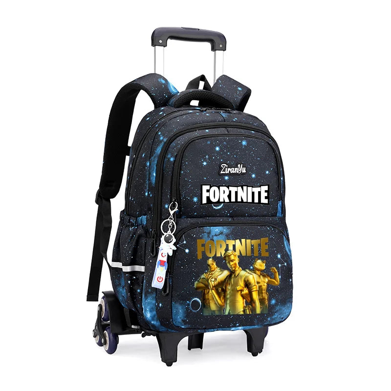Mochila com Rodas Fortnite Anime, Impermeável, de Grande Capacidade, para Estudante — Saco Escolar Casual de Viagem com Carrinho e Subida Fácil de Escadas