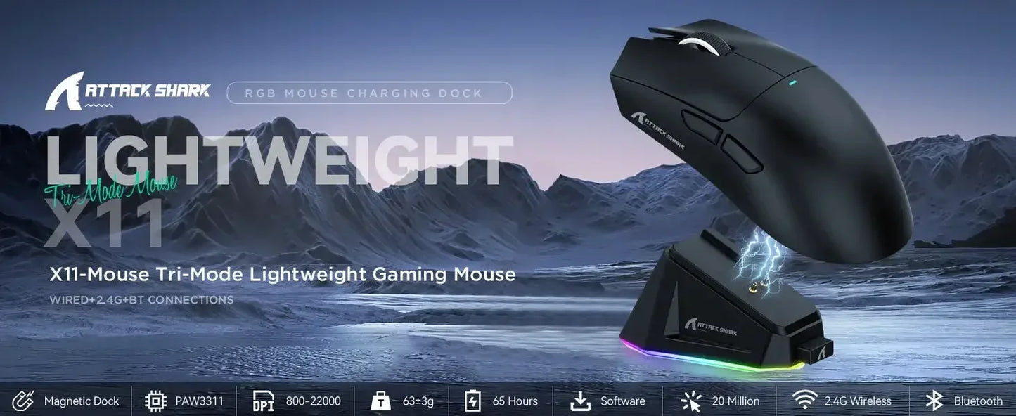 Ratón gaming inalámbrico ATTACK SHARK X11 Original Brand con base de carga, sensor gaming PixArt PAW3311, conexión BT/2.4G inalámbrica/con cable