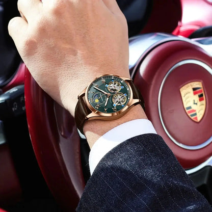 CAREKISO Fashion Men's Clock Double Hollow Tourbillon Automatic Mechanical Man Watch Waterproof Luminous Leather Men's Watches+Box