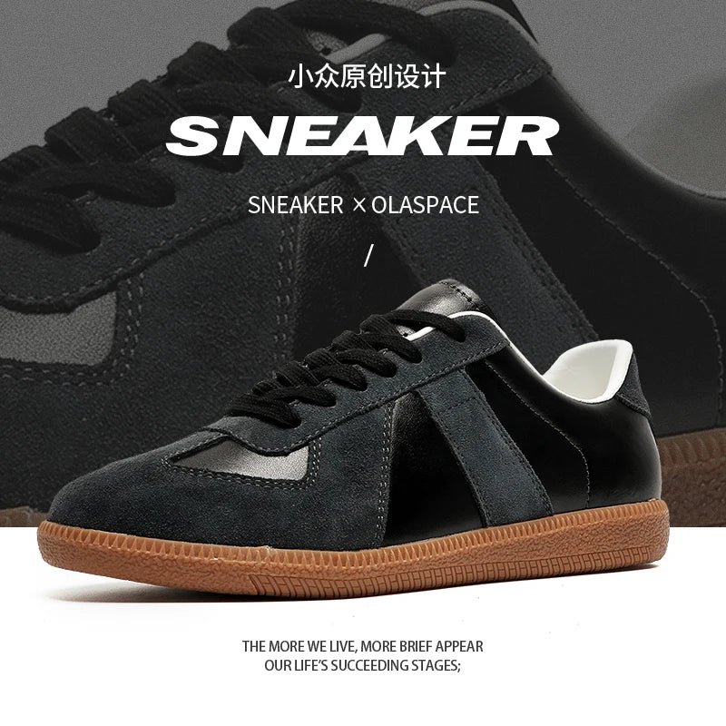 Sapatilhas de designer para homem, moda outono 2025, estilo retro com atacadores, ténis de estudante para mulher em pele, calçado casual para caminhada