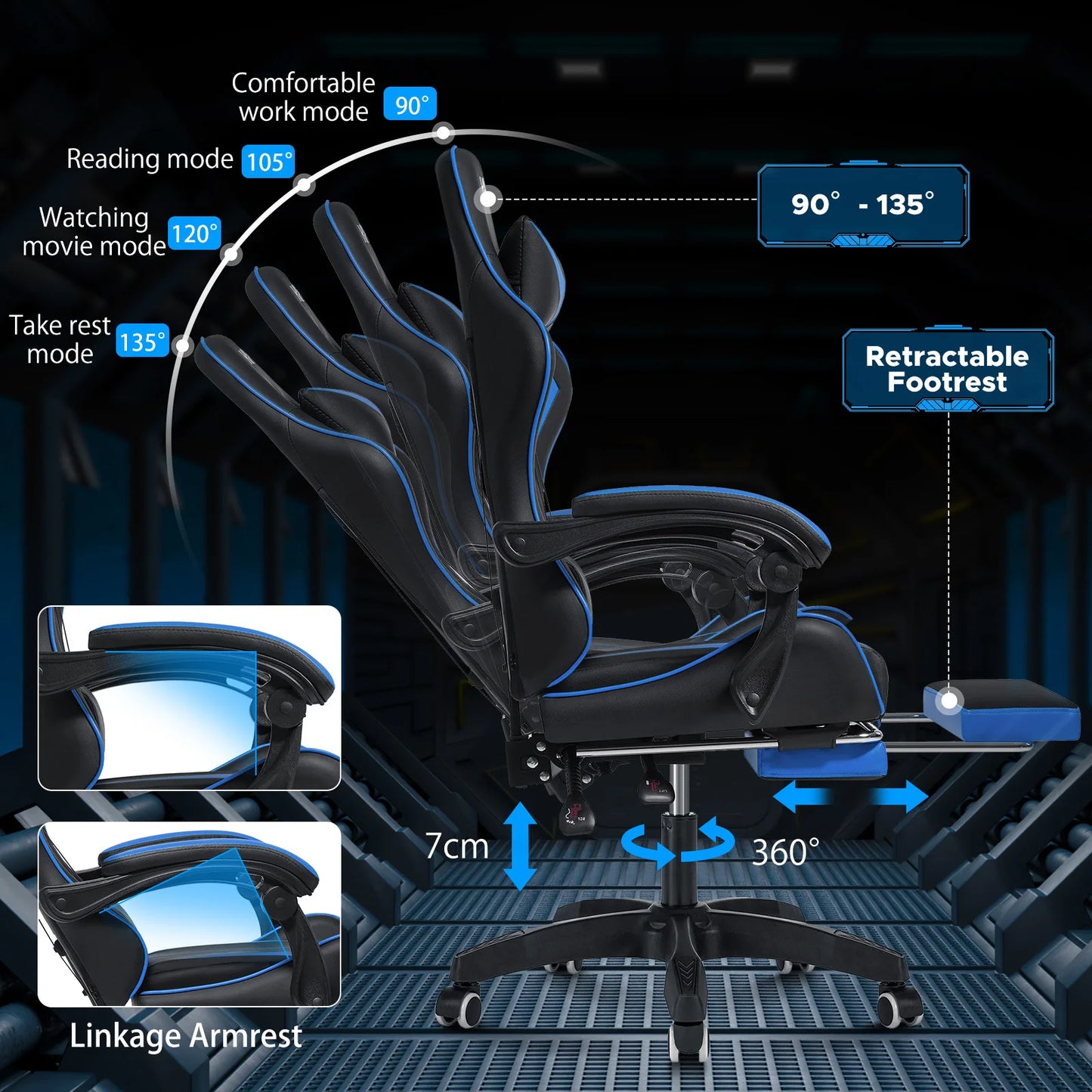 200Lbs Load Gaming Chair with Massage Ergonomic Computer Chair Footrest and Lumbar Support Reclining PC Chair Adjustable Armrest
