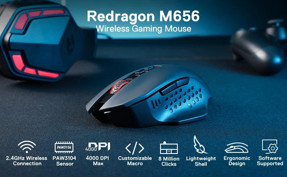 Ratón gaming inalámbrico Redragon M656 Gainer, 4000 DPI, ratón gamer inalámbrico 2.4Ghz con 5 niveles de DPI, 7 botones macro, retroiluminación LED roja