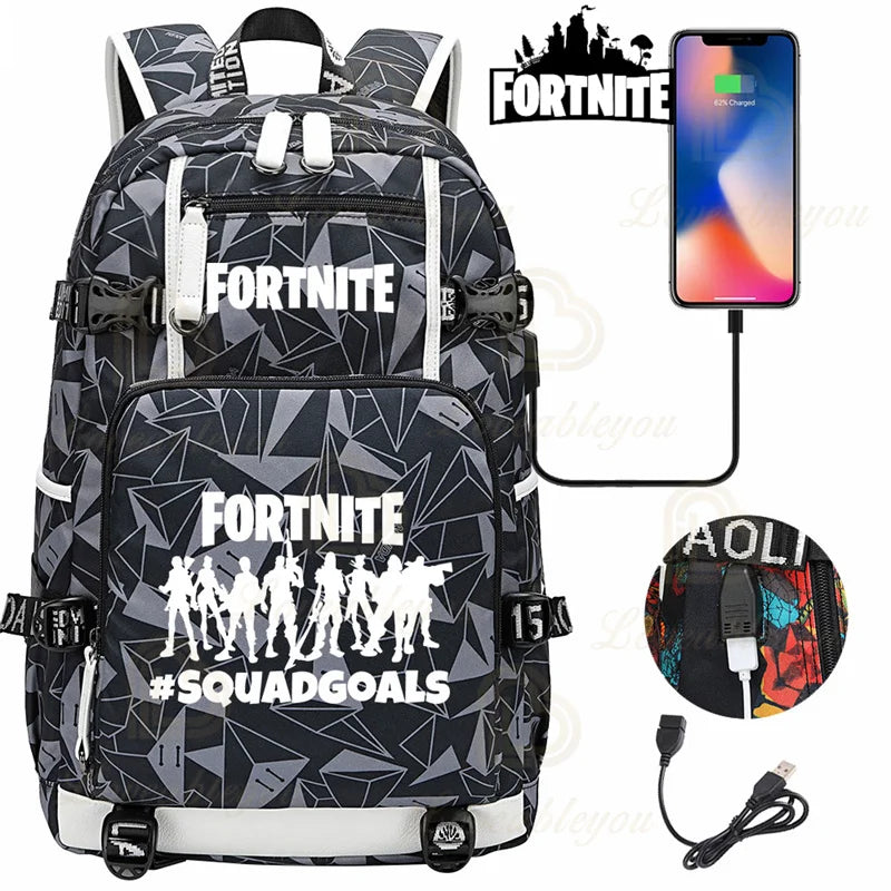 Mochila Yule Trooper F-Fortnited Battle Royale com carregamento USB, figuras anime e compartimento para material escolar para estudantes