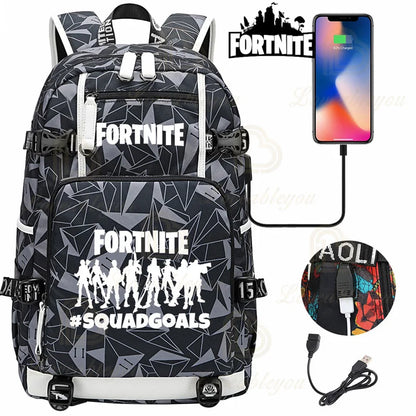 Mochila Yule Trooper F-Fortnited Battle Royale com carregamento USB, figuras anime e compartimento para material escolar para estudantes
