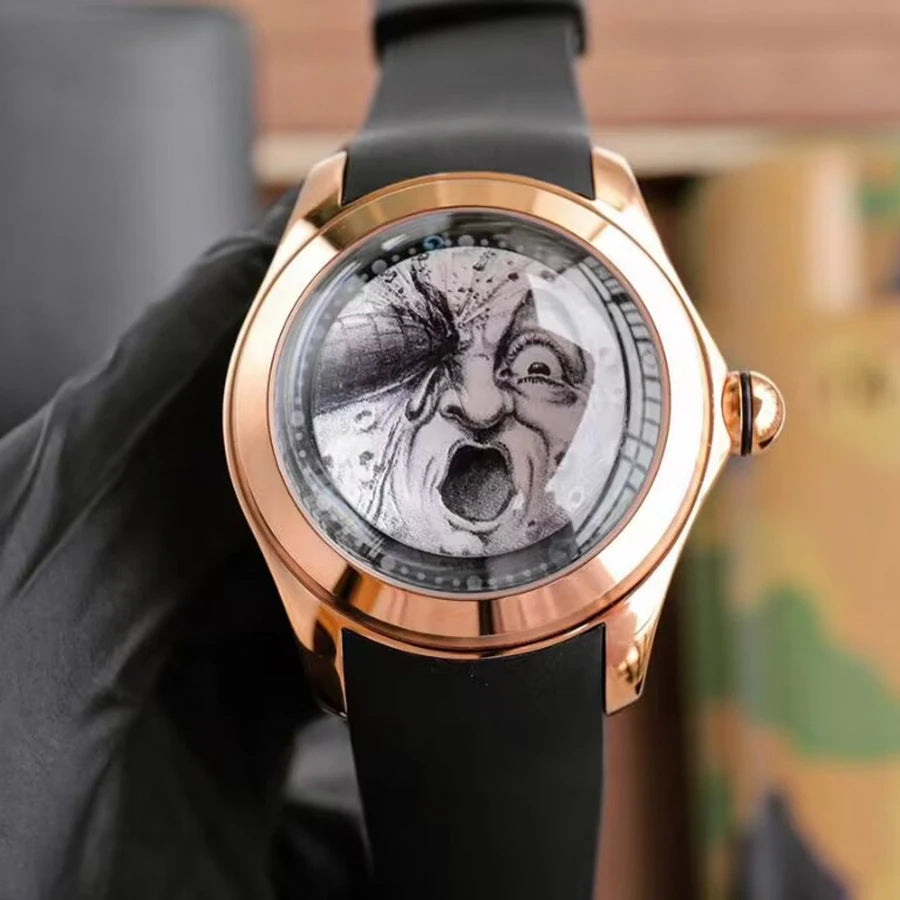 KAFYASE Fashion Earth Bubble Rubber Automatic Watches Luxury Men 46mm Mechanical Wristwatches Art Eye Ball Dial Classic Watch