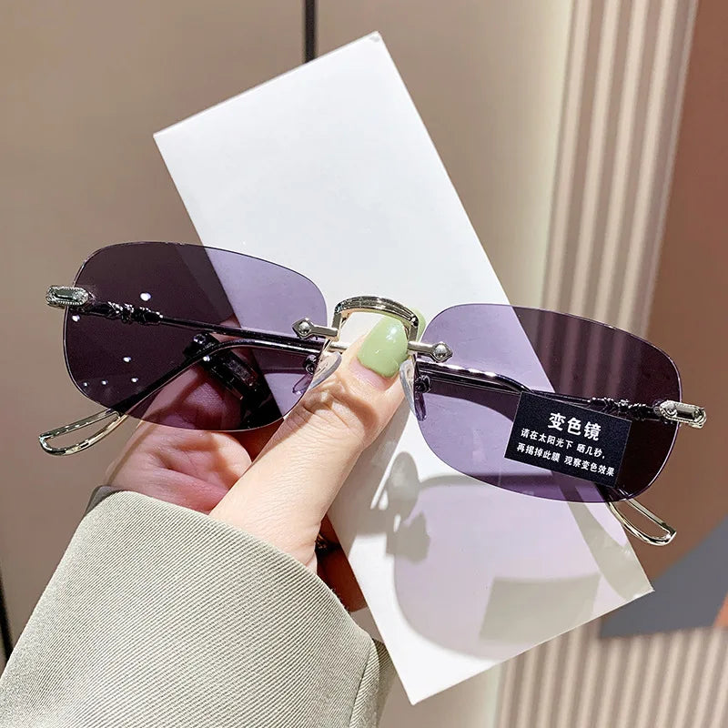 KLASSNUM Men Rimless Anti-Blue Light Glasses Photochromic Glasses Women Alloy Frame Ultra Light Computer Goggles Sunglasses 2025