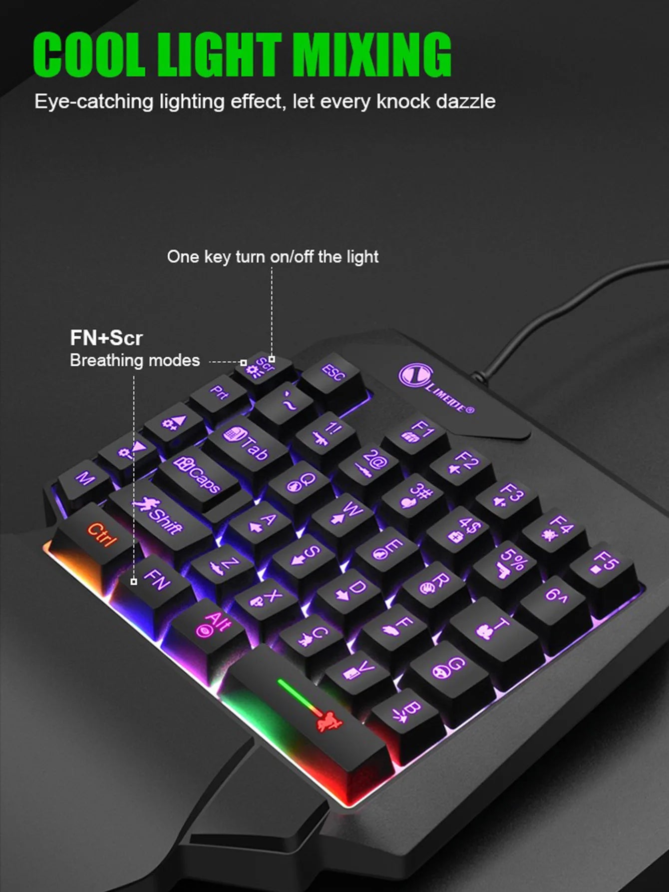 Mechanical one-handed light game wired keyboard, radium engraving characters, engineering hand support