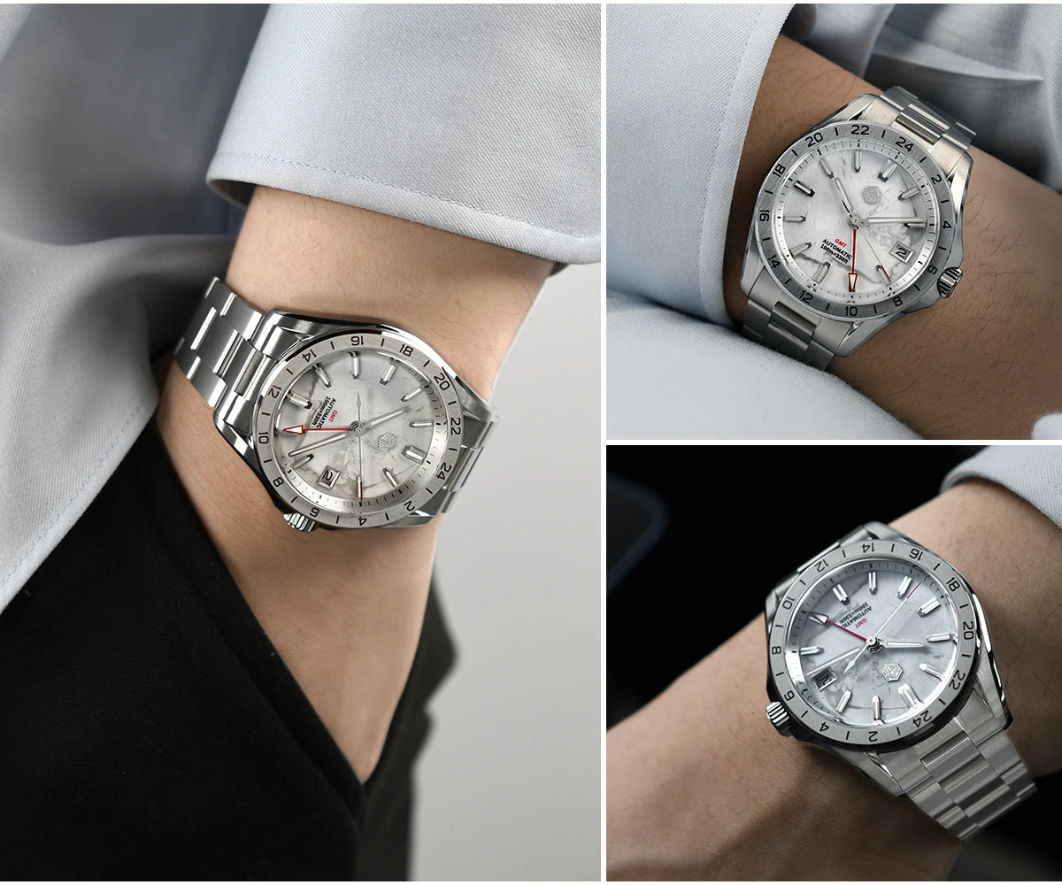Relógio de Luxo para Homem San Martin 39mm com Mostrador em Pedra Aventurina, NH34 GMT Automático Mecânico, Safira, Impermeável e Luminescente SN0129