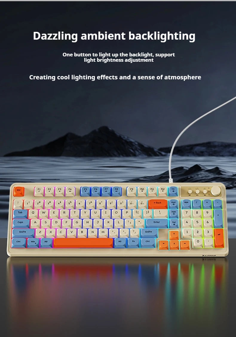 Teclado de escritório gaming EWEADN G98, membrana com retroiluminação arco-íris, USB com fio, externo e silencioso, teclado numérico, design digital