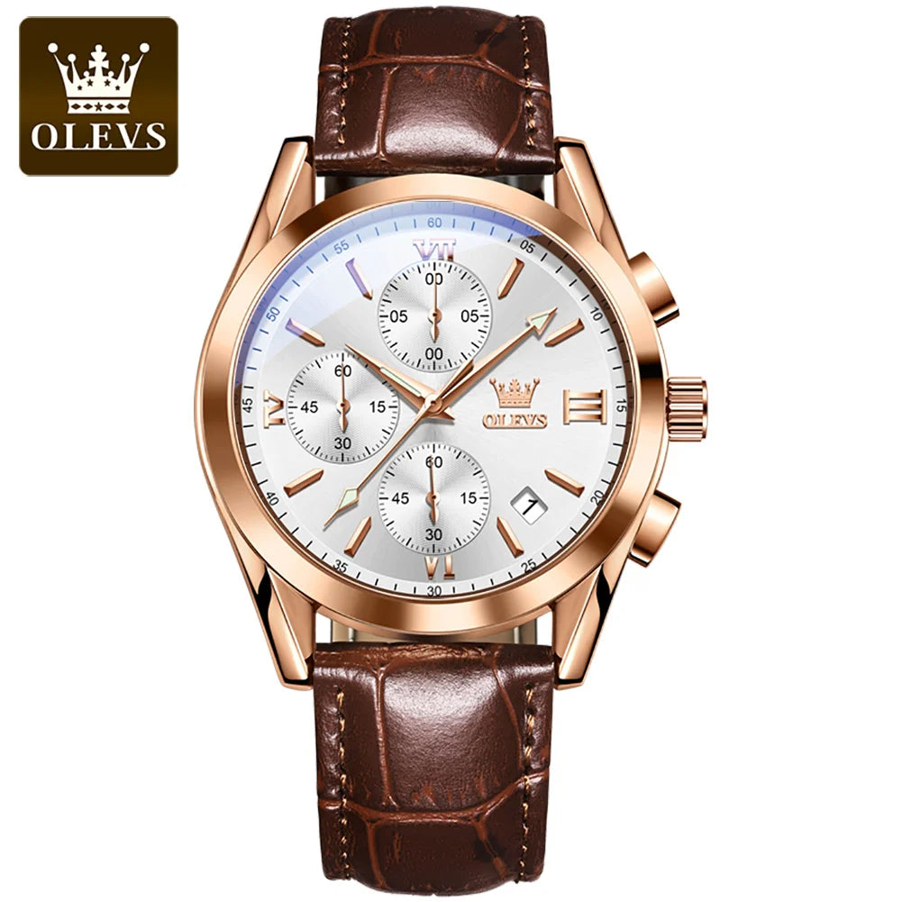 Vyriškas chronografinis rankinis laikrodis „OLEVS 2872“ – odinis dirželis, atsparus vandeniui, šviečiantys rodyklės, kvarcinis mechanizmas, prabangus sportinis stilius