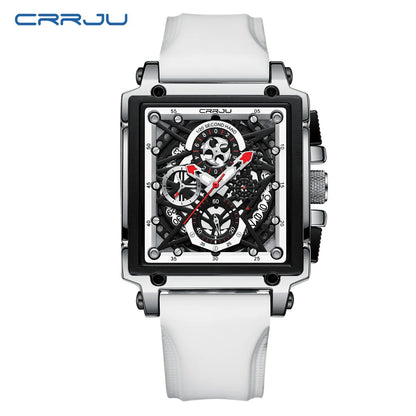 CRRJU Men's Sports Chronograph Wrist Watch For Men Army Silicone strap Square Quartz Stop Watch Clock Man Relogios Masculino