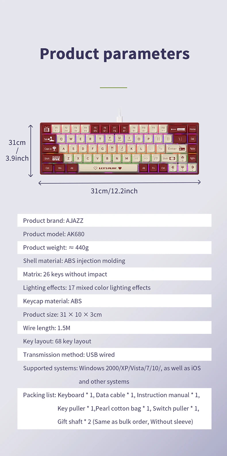 AJAZZ AK680 65% Wireless Mechanical Keyboard ABS Keycap Hot Swap Gamer Keyboard Custom Gasket Gaming Accessories for PC Laptop