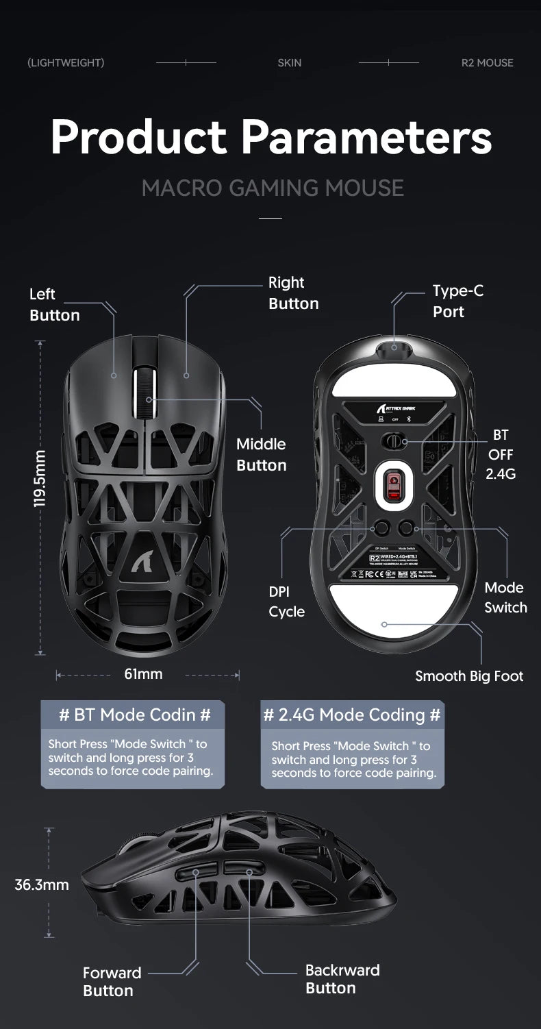 Mouse da gaming wireless Attack Shark R2 PAW3950 8K in lega di magnesio, leggero, Bluetooth tri-mode per gaming/ufficio