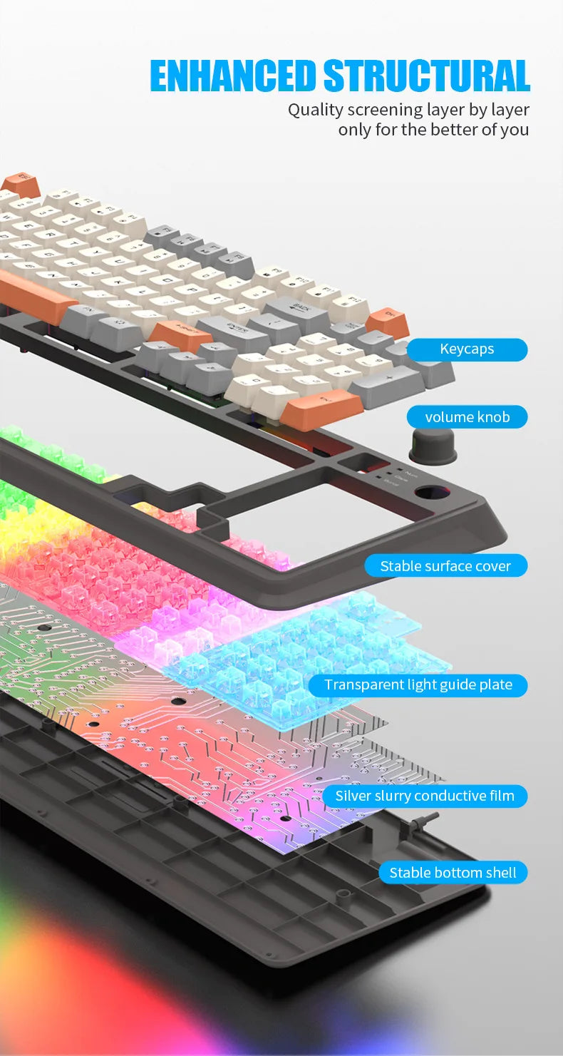 Teclado Gaming K81 com 81 Teclas, Layout 80%, Espanhol, Russo, Coreano e Árabe, USB com Fio, Luz RGB, Botão de Volume, Ergonómico