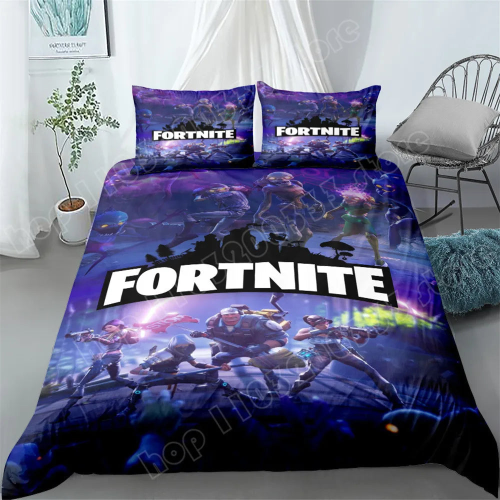 Fortnite-Bettwäsche-Set, 3-teilig, 3D-Druck, Bettwäsche für Schlafzimmer, Gaming-Cartoon-Dekor, Bettbezug und Kissenbezug, Geburtstagsgeschenk
