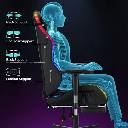 Silla gaming LED para niños de 8-15 años, silla gamer ajustable con iluminación LED, reposapiés y soporte lumbar, silla ergonómica para PC