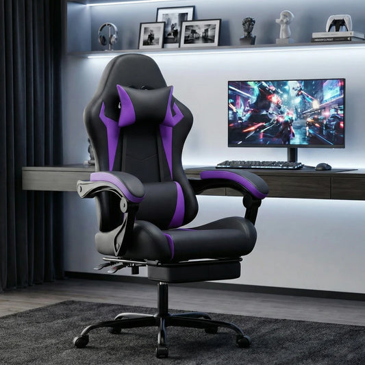 Gaming Chair Ergonomic Gaming Chair with Lumbar Pillow and Headrest, Gamer Chair Height Adjustable, PC Chair for Adults Girls Boys, Black Purple