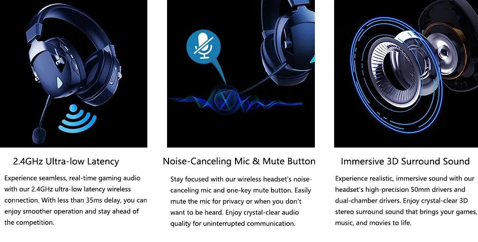 Cuffie da gaming wireless Acinaci 2.4GHz per PS5 PS4 PC Switch – Cuffie Bluetooth da gaming con microfono, bassi profondi e padiglioni in memory foam