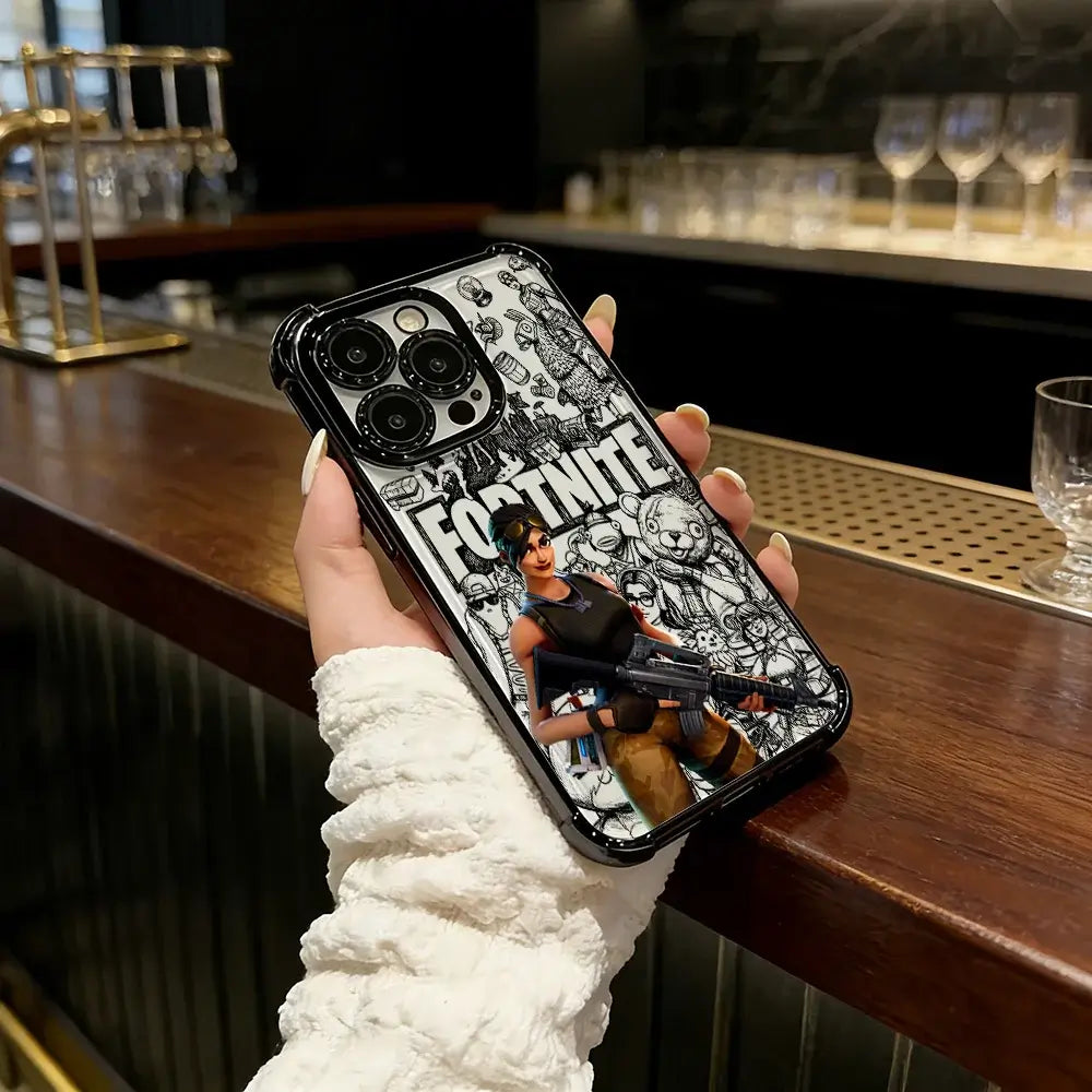 Battle Royales Fortnites-belagt telefoncover til iPhone 17 17e 16e 16 15 14 13 12 11 Pro Max X XR XSMax 7 8 Mini Air Plus Airabag