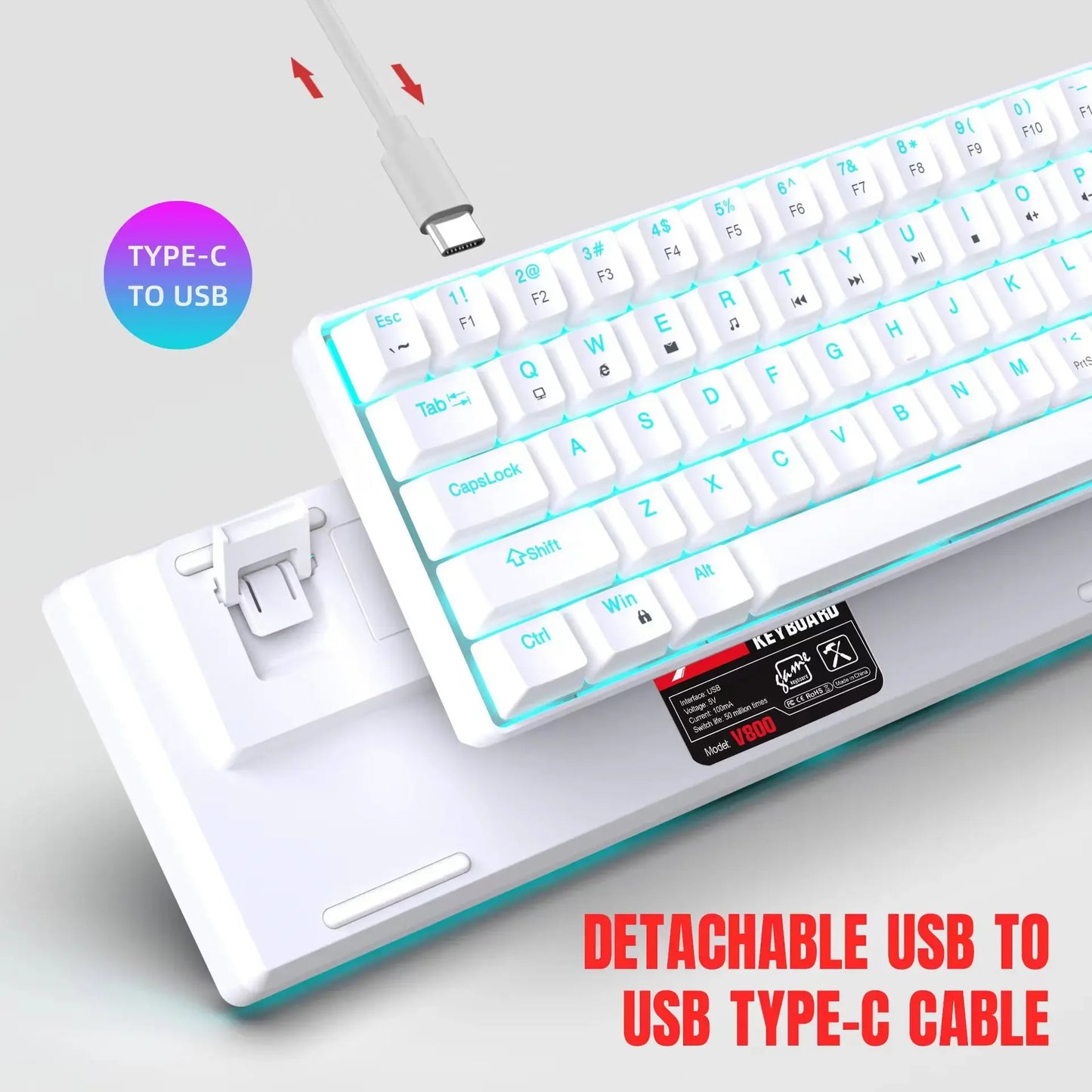 Mechanische Gaming-Tastatur 60% USB, weiße Tasten, Mini-Gamer-Tastatur, ergonomische Computertastatur mit Hintergrundbeleuchtung, Musica teclado pc