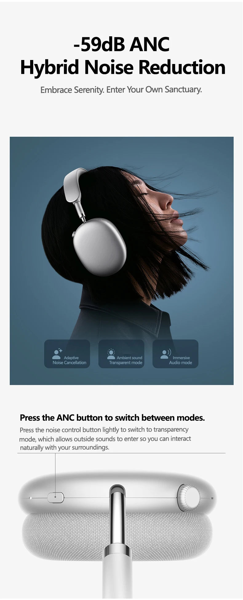 Auscultadores Sem Fios Picun F8MAX ANC com Cancelamento Ativo de Ruído Híbrido de 59dB, Áudio Espacial, Bluetooth 6.0, Over Ear, 180H