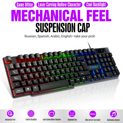 Teclado gaming com sensação mecânica, retroiluminado RGB, com fios, USB, para escritório e casa, com teclas multimédia, russo, espanhol, árabe e inglês