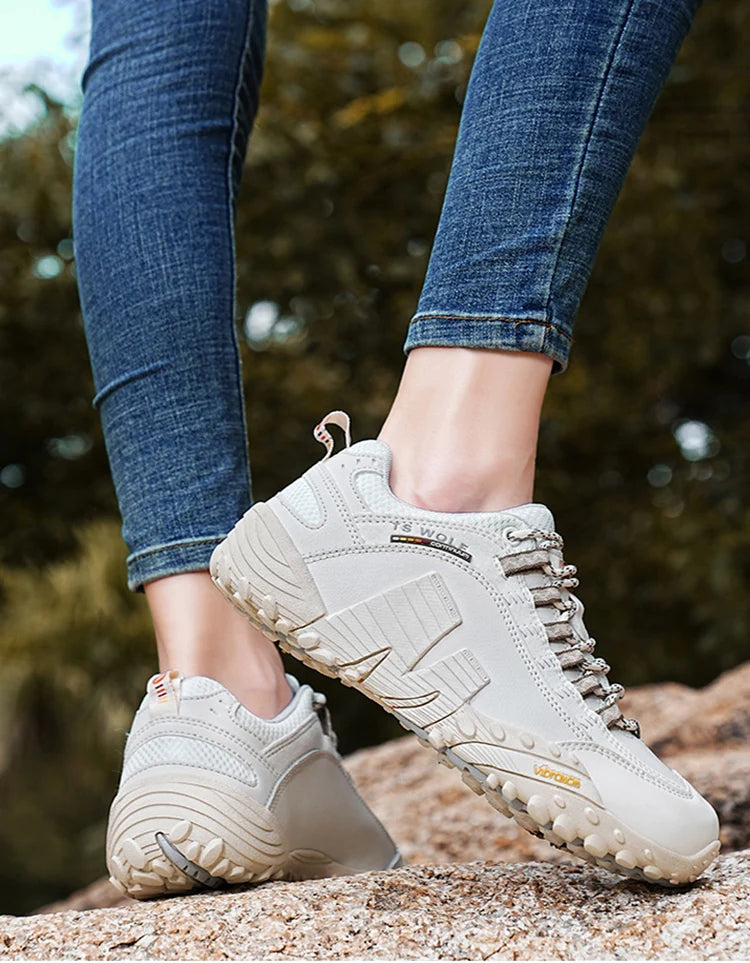 Sapatos de montanhismo para homem em couro genuíno, calçado desportivo outdoor antiderrapante, sapatos de montanhismo e caminhada respiráveis para turismo