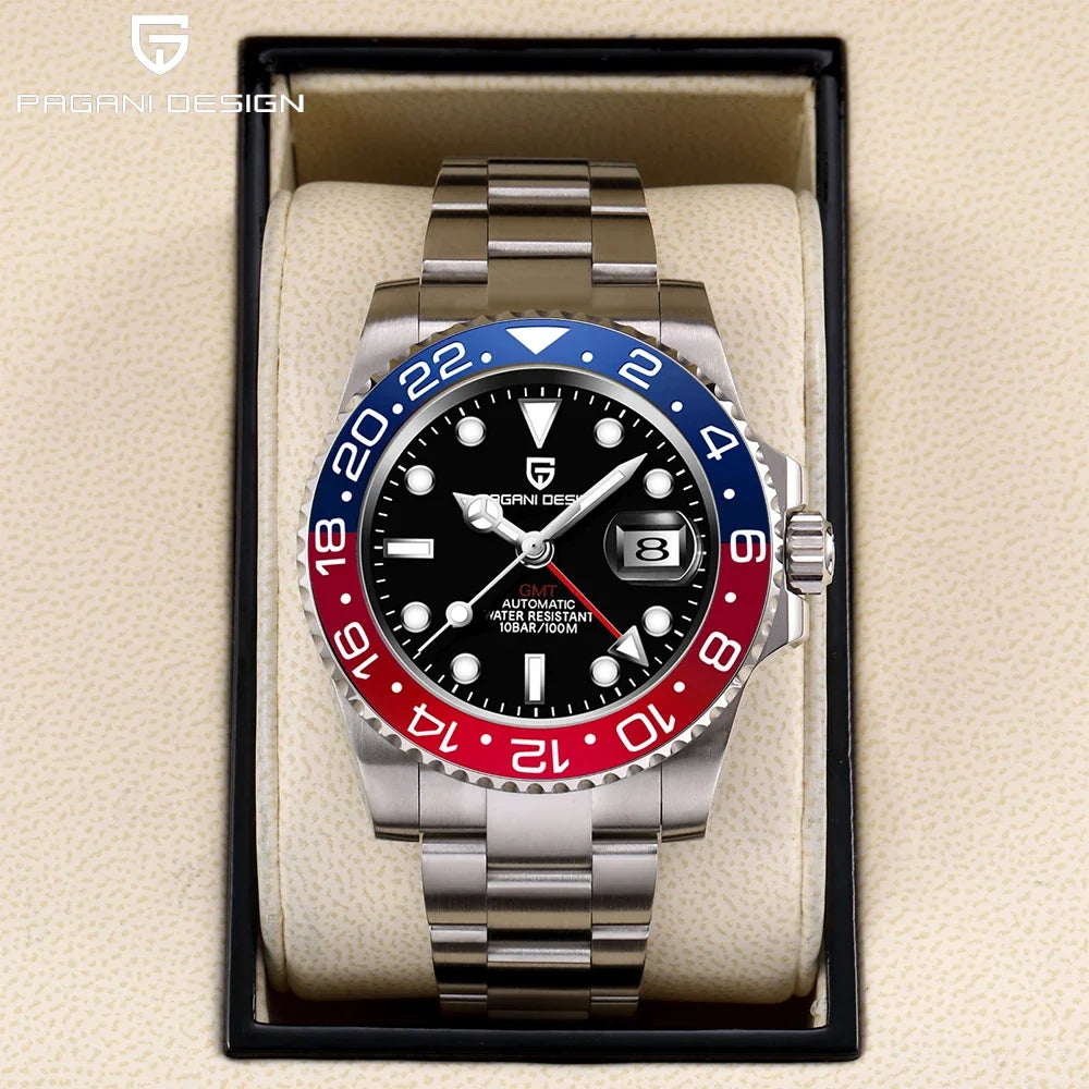 Relógio PAGANI DESIGN 40MM GMT para Homem, Luxo, Safira AR, Mecânico, Luneta em Cerâmica, Automático, 100M à Prova de Água, Relógio para Oferta