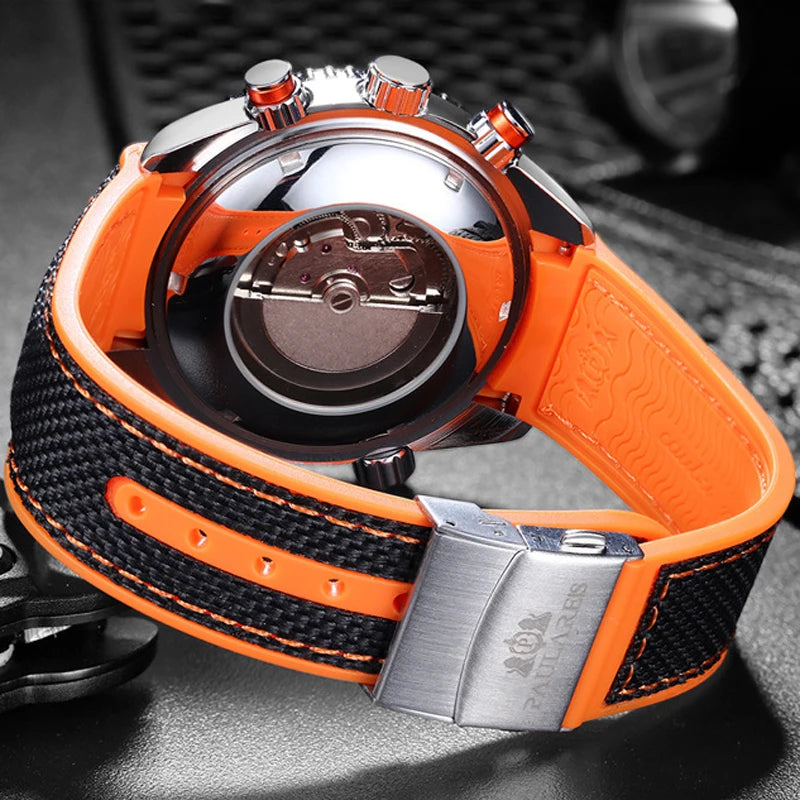 PAULAREIS P Reloj mecánico automático de lujo para hombre, cuerda automática, correa de caucho, resistente al agua, luminoso, con fecha, reloj de moda para hombre