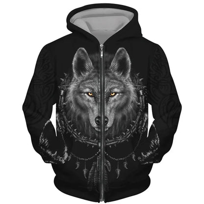 Sweat à capuz com fecho e estampado 3D de lobo, estilo streetwear, para homem/mulher, casaco com capuz unissexo casual hip-hop