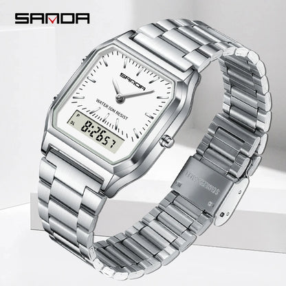 SANDA 747 Men’s & Women’s Luxury Digital Sports Watch  Stainless Steel, LED Dual Display & Waterproof
