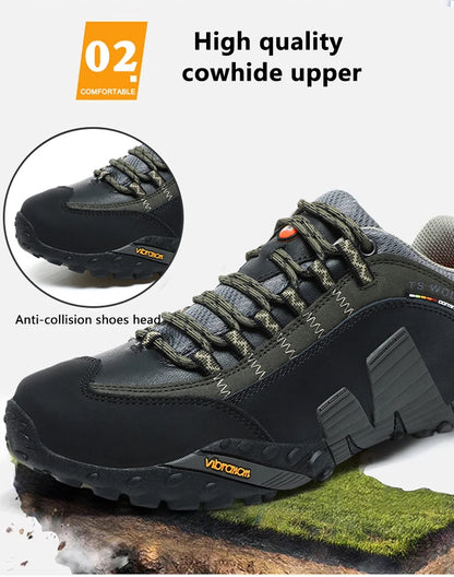 Sapatos de montanhismo para homem em couro genuíno, calçado desportivo outdoor antiderrapante, sapatos de montanhismo e caminhada respiráveis para turismo