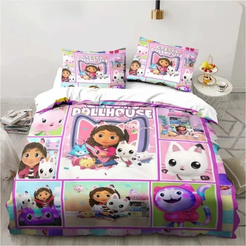 Gabbys Dollhouse 3D-gedrucktes Bettwäsche-Set mit Bettbezug und Kissenbezug, Twin Full King, für Kinder und Erwachsene, Schlafzimmer