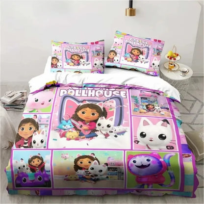 Gabbys Dollhouse 3D-gedrucktes Bettwäsche-Set mit Bettbezug und Kissenbezug, Twin Full King, für Kinder und Erwachsene, Schlafzimmer