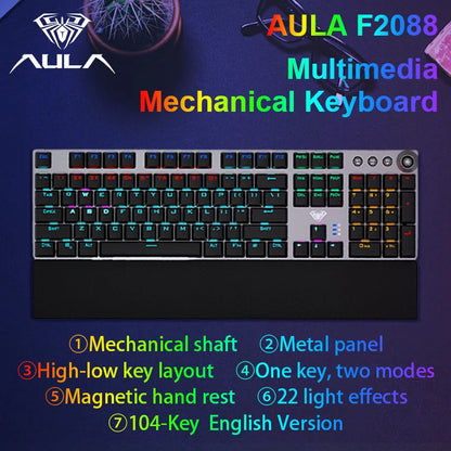 Tastiera meccanica AULA F2088 cablata da gaming con manopola multifunzione, 104 tasti, retroilluminazione Magic e programmazione macro Compu