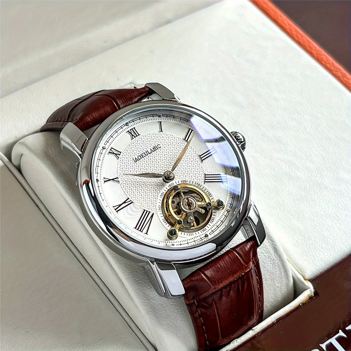 Relógio mecânico automático para homem – Design esqueleto elegante, estilo «business casual» na moda, caixa em liga metálica e bracelete em pele, sem pilha
