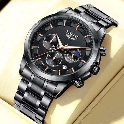 Pánské hodinky LIGE – luxusní quartzový chronograf, vodotěsné (3 bary), s luminiscenčními ručičkami