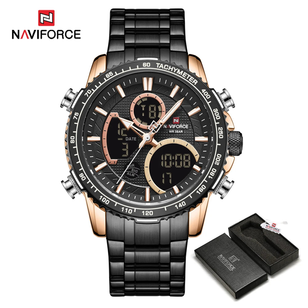 Мъжки спортен часовник NAVIFORCE – Оригинален луксозен ръчен часовник от неръждаема стомана, водоустойчив модел във военен стил с двойно показване