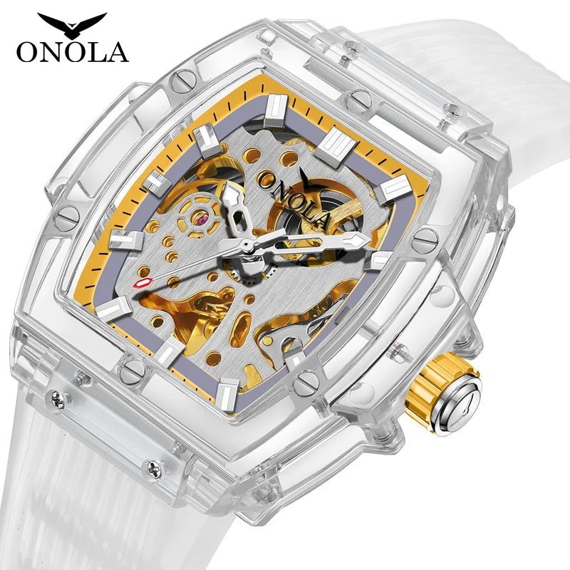 Luxury men's watch onola plastic transparent hollow full automatic mechanical watches men waterproof clock