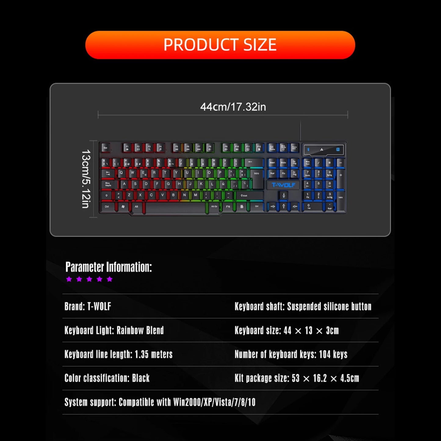 Teclado gaming com sensação mecânica, retroiluminado RGB, com fios, USB, para escritório e casa, com teclas multimédia, russo, espanhol, árabe e inglês