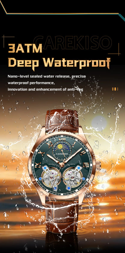 CAREKISO Fashion Men's Clock Double Hollow Tourbillon Automatic Mechanical Man Watch Waterproof Luminous Leather Men's Watches+Box