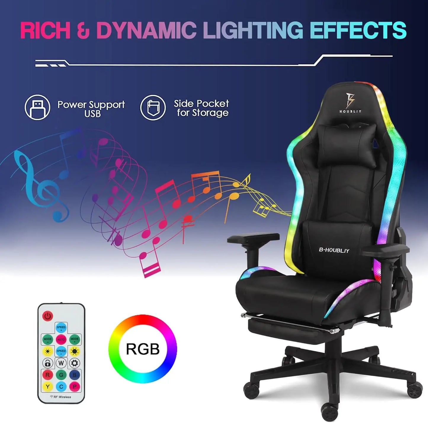 Massage Gaming Chair with Speakers and RGB LED Lights Ergonomic Computer Gaming Chair with Lumbar Support Swivel & Adjustable