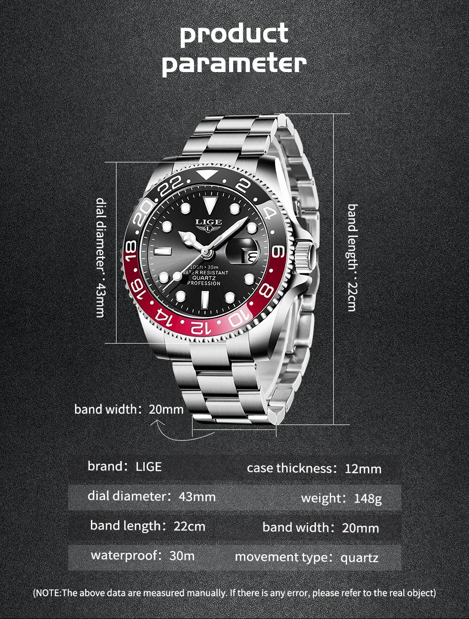 LIGE Men’s Luxury Quartz Watch  Stainless Steel, Luminous Dial, Waterproof & Business Design