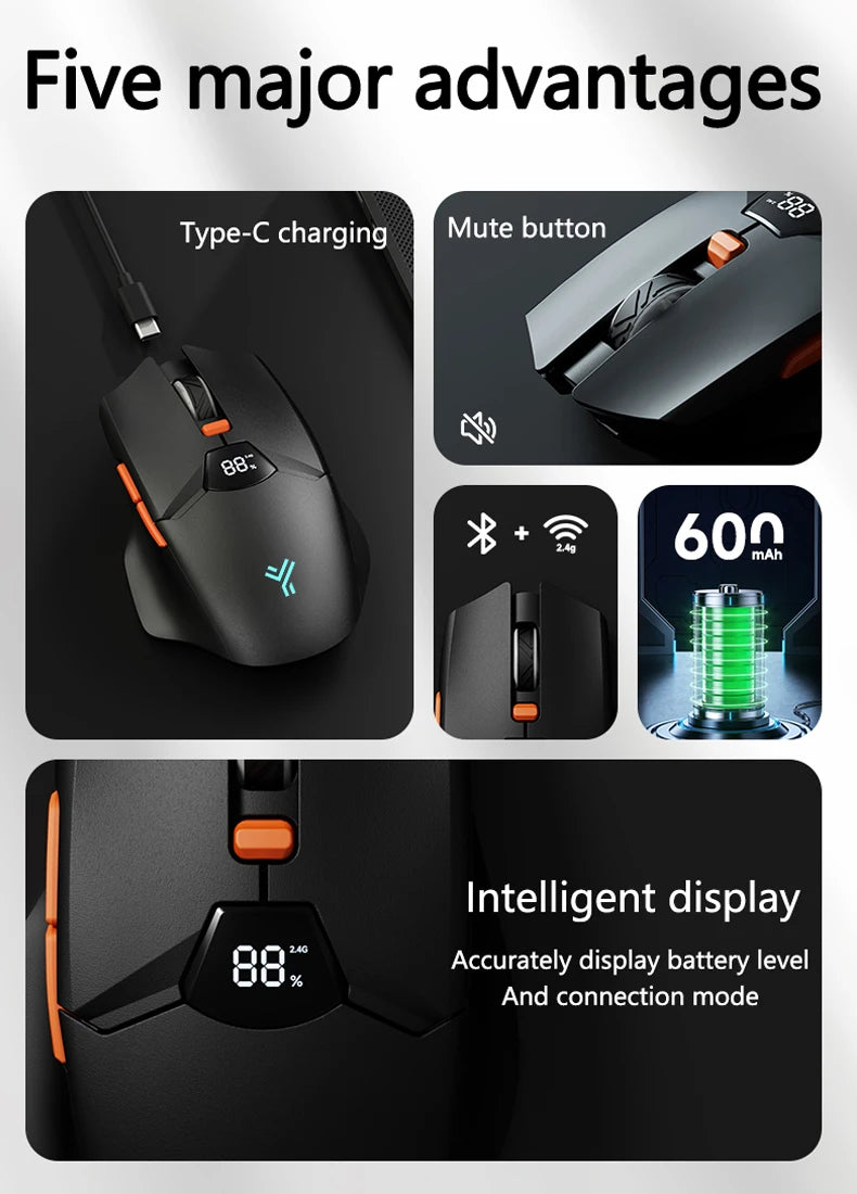 Rato Gaming Sem Fios Warvank SX01 com Ecrã Inteligente, Ajuste DPI de 6 Velocidades, Bateria Recarregável de 600mAh e Bluetooth Silencioso para Escritório